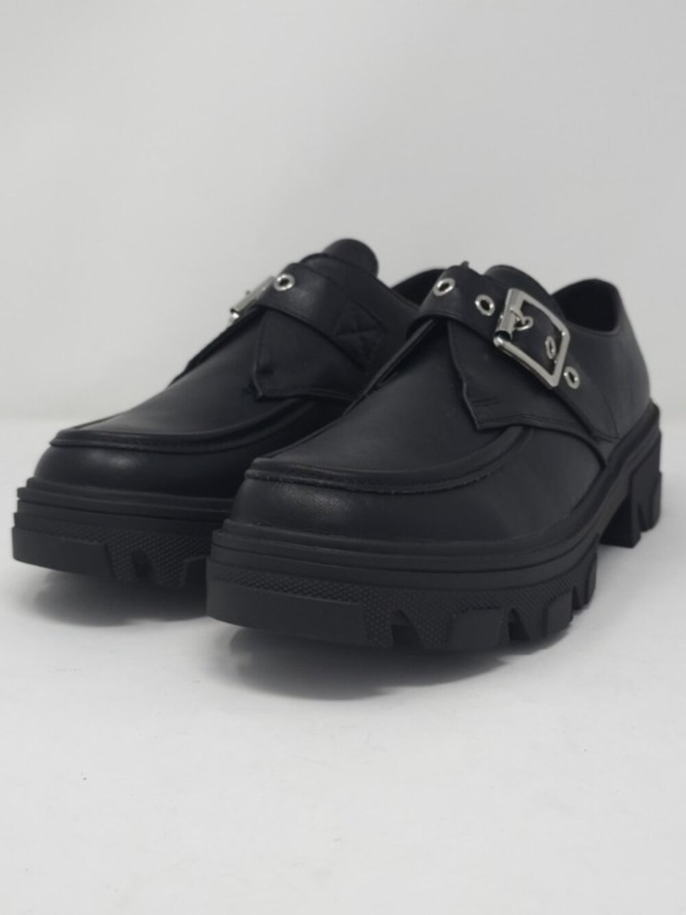 CHARCOAL PU Chunky Platform Loafers Buckle Strap Lug Sole Slip On Casual Trendy - Picture 1 of 10